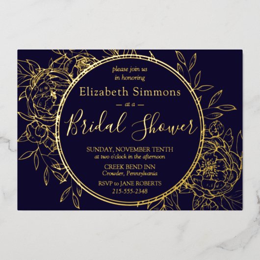 ネイビーブルーラインモダン牡丹トワールブライダルシャワー 箔招待状 (正面)