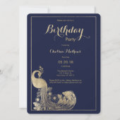 ネイビーブルーラグジュアリー金ゴールド王室のピーコックバースデーパーティー 招待状 (正面)