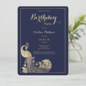 ネイビーブルーラグジュアリー金ゴールド王室のピーコックバースデーパーティー 招待状 (スタンド正面)