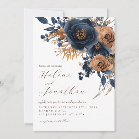 ネイビーブルーラストウォーターカラーフローラエレガントな結婚式 招待状 (正面)