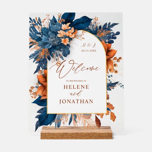 ネイビーブルーラストオレンジエレガントウェディングウェルカム アクリルサイン (正面)