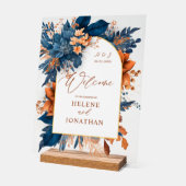 ネイビーブルーラストオレンジエレガントウェディングウェルカム アクリルサイン (傾斜)