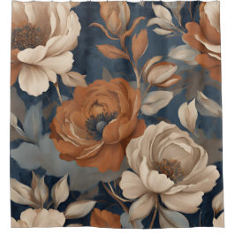 ネイビーブルーラストオレンジファームハモダンウスフローラ シャワーカーテン