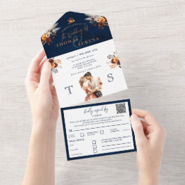 ネイビーブルーラストオールインワンQRコードパンパスグラス オールインワン招待状