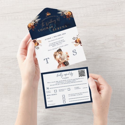 ネイビーブルーラストオールインワンQRコードパンパスグラス オールインワン招待状 (貼ってはがせる)