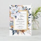 ネイビーブルーラストテラコッタフローラエレガントな結婚式 招待状 (スタンド正面)