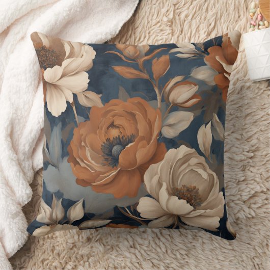 ネイビーブルーラストファームハモダンウスフローラ クッション (ブランケット)