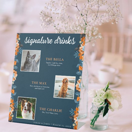 ネイビーブルーラストフローラ3フォトペットシグネチャードリンク 台座サイン