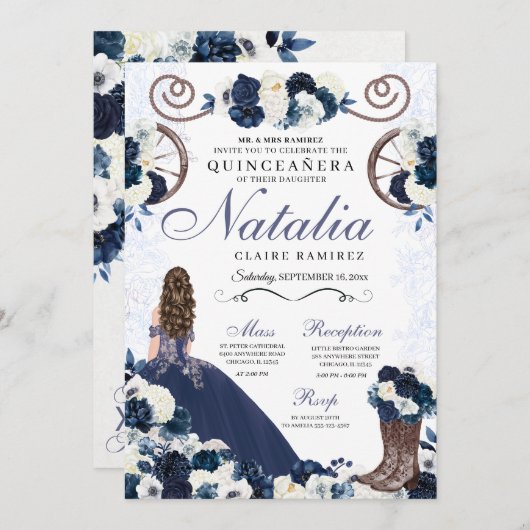 ネイビーブルーランチェロプリンセスドレスキンセアニェラ 招待状 (正面/裏面)