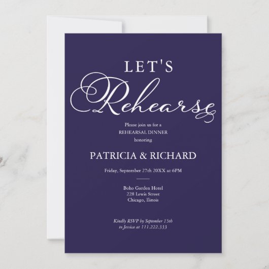 ネイビーブルーリハエレガントーサルディナーのリハーサル 招待状 (正面)