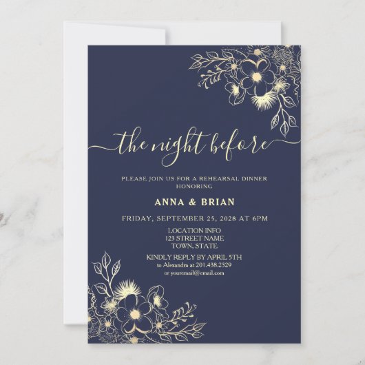 ネイビーブルーリハーサルディナーの前の夜 招待状 (正面)