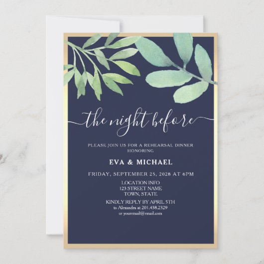 ネイビーブルーリハーサルディナーの前の夜 招待状 (正面)