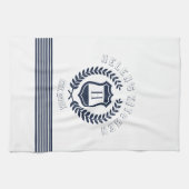 ネイビーブルーリースアンドストライプデザインモノグラム キッチンタオル (横)