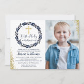 ネイビーブルーリース金ゴールドファーストホーリー聖体写真 招待状 (正面)