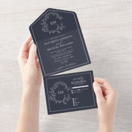 ネイビーブルーリーピークレストモノグラム結婚ズ オールインワン招待状