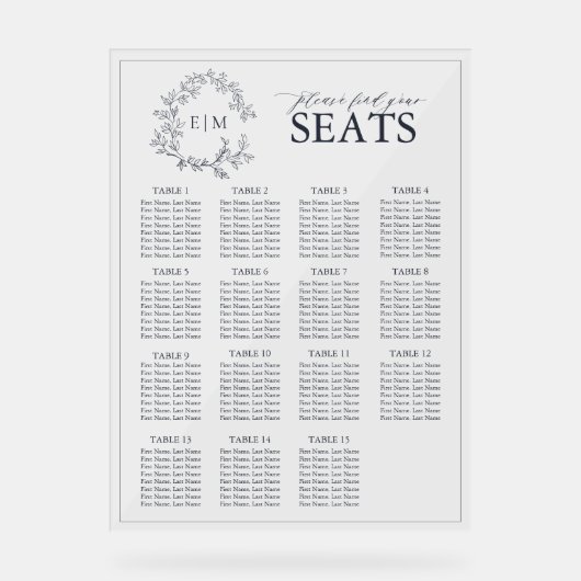 ネイビーブルーリーフェリークレストモノグラム結婚の座席 アクリルサイン (正面)