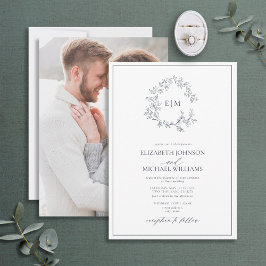 ネイビーブルーリーフェリークレストモノグラム結婚写真 招待状
