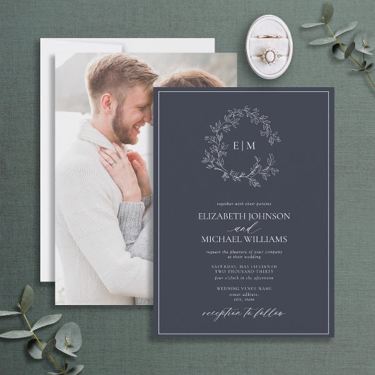 ネイビーブルーリーフェリークレストモノグラム結婚写真 招待状