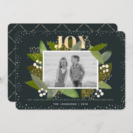 ネイビーブルーリーフクリスマスホリデーフォトカード シーズンカード (正面/裏面)