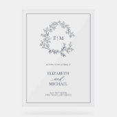 ネイビーブルーリーリーフクレストモノグラムウェルカム結婚ズ アクリルサイン (正面)