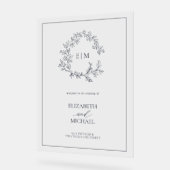 ネイビーブルーリーリーフクレストモノグラムウェルカム結婚ズ アクリルサイン (傾斜)