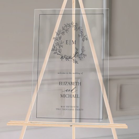 ネイビーブルーリーリーフクレストモノグラムウェルカム結婚ズ アクリルサイン