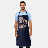 ネイビーブルーリールメンズ調理師漁師 エプロン (着用した状態)