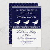 ネイビーブルーレイクハウス50と素晴らしい誕生日パーティー 招待状 (正面/裏面)