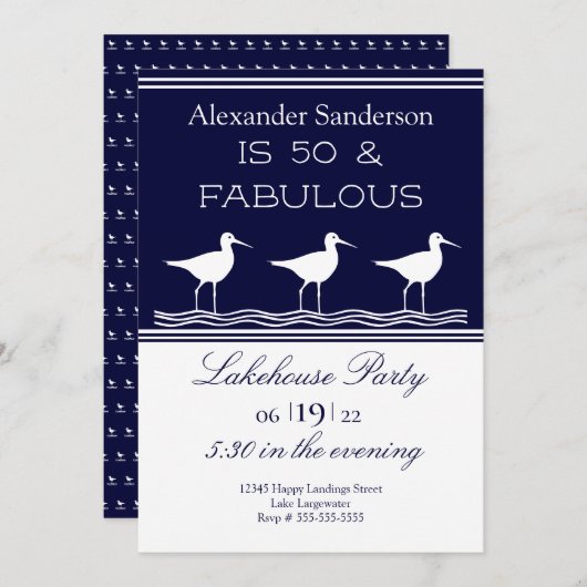 ネイビーブルーレイクハウス50と素晴らしい誕生日パーティー 招待状 (正面/裏面)