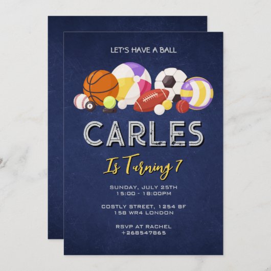 ネイビーブルーレッツボールスポーツ誕生日 招待状 (正面/裏面)