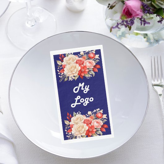 ネイビーブルーレッドアイボリー花模様ビジネスロゴ