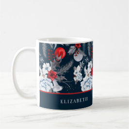 ネイビーブルーレッドシルバーリーフホリデー コーヒーマグカップ