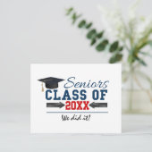 ネイビーブルーレッドタイポグラフィ卒業はがき 案内ポストカード (スタンド正面)