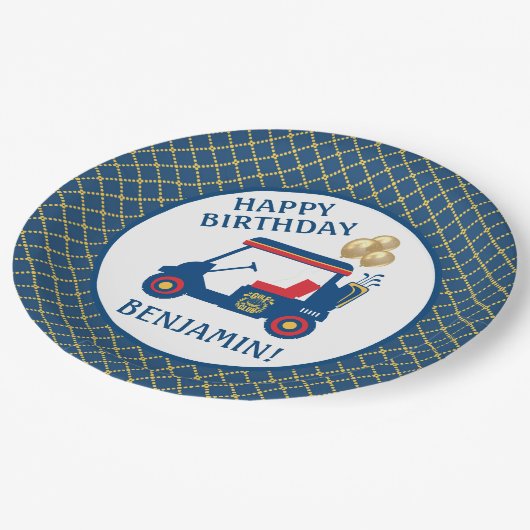 ネイビーブルーレッドパーソナライズされたイエロー ペーパープレート (アングル)