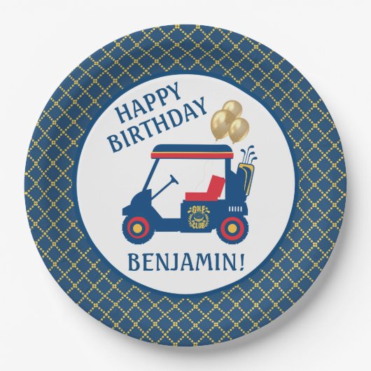 ネイビーブルーレッドパーソナライズされたイエロー ペーパープレート (正面)