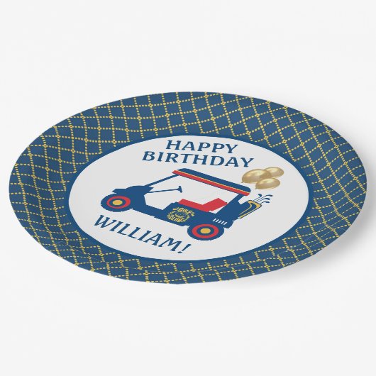 ネイビーブルーレッドパーソナライズされたイエロー ペーパープレート (アングル)