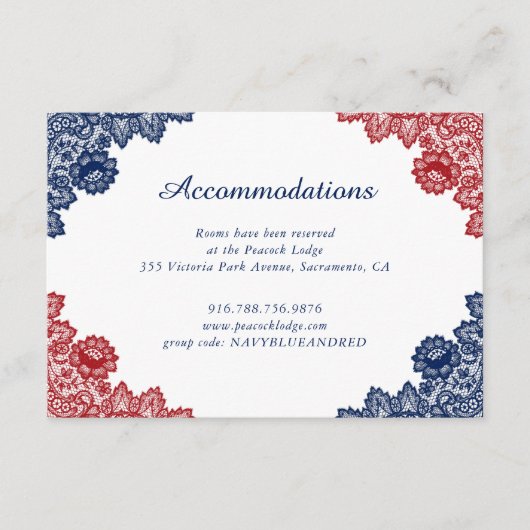 ネイビーブルーレッドフローラレース結婚ズアコモデーション エンクロージャーカード (正面)