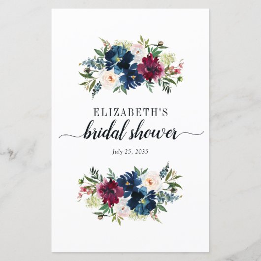 ネイビーブルーレッドフローラ水彩ブライダルシャワーゲーム (裏面)