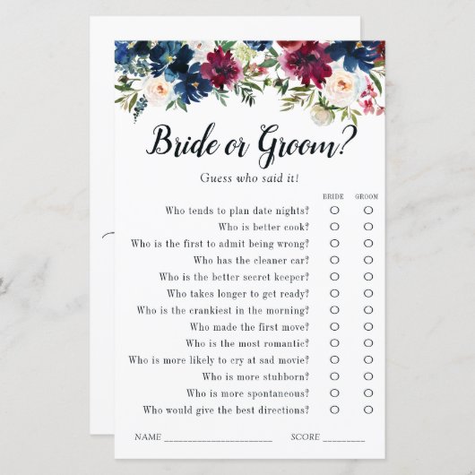 ネイビーブルーレッドフローラ水彩ブライダルシャワーゲーム (正面/裏面)