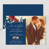 ネイビーブルーレッドホワイトローズ結婚フローラ写真 セーブザデート (正面/裏面)