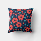 ネイビーブルーレッドポピーシームレスフローラプリント クッション (裏面)