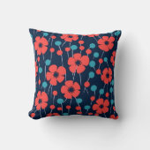 ネイビーブルーレッドポピーシームレスフローラプリント クッション (正面)