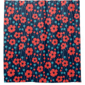 ネイビーブルーレッドポピーフローラプリントパターン シャワーカーテン (正面)