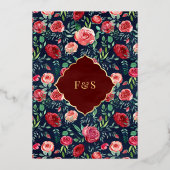 ネイビーブルーレッドローズムスリム結婚ズ金ゴールド 箔招待状 (裏面)