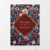 ネイビーブルーレッドローゼスフローラ金ゴールド結婚インディアン 三つ折り招待状 (カバー)