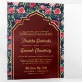 ネイビーブルーレッドローゼスフローラ金ゴールド結婚インディアン 三つ折り招待状 (内部最初)