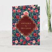 ネイビーブルーレッドローゼスフローラ金ゴールド結婚インディアン 招待状 (正面)