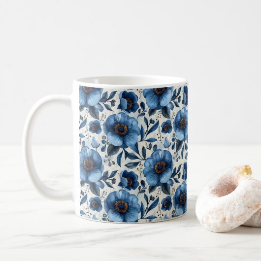 ネイビーブルーレトロかわいいヴィンテージシエレガントックフラワー コーヒーマグカップ (ドーナツ)