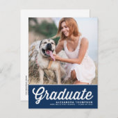 ネイビーブルーレトロはっきりしたタイポグラフィ写真卒業 案内ポストカード (正面/裏面)