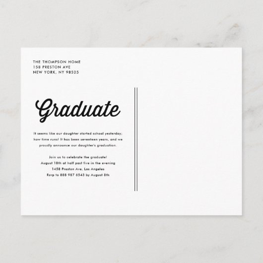 ネイビーブルーレトロはっきりしたタイポグラフィ写真卒業 案内ポストカード (裏面)